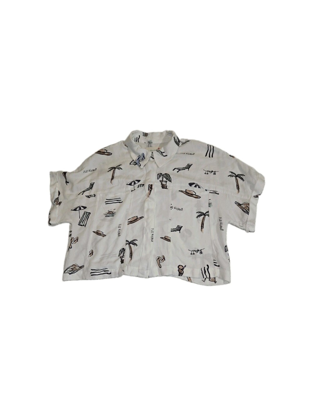 April Kiss Sz S Linen Blend Lightweight Top Cropped Boxy Hawaiian Graphics...